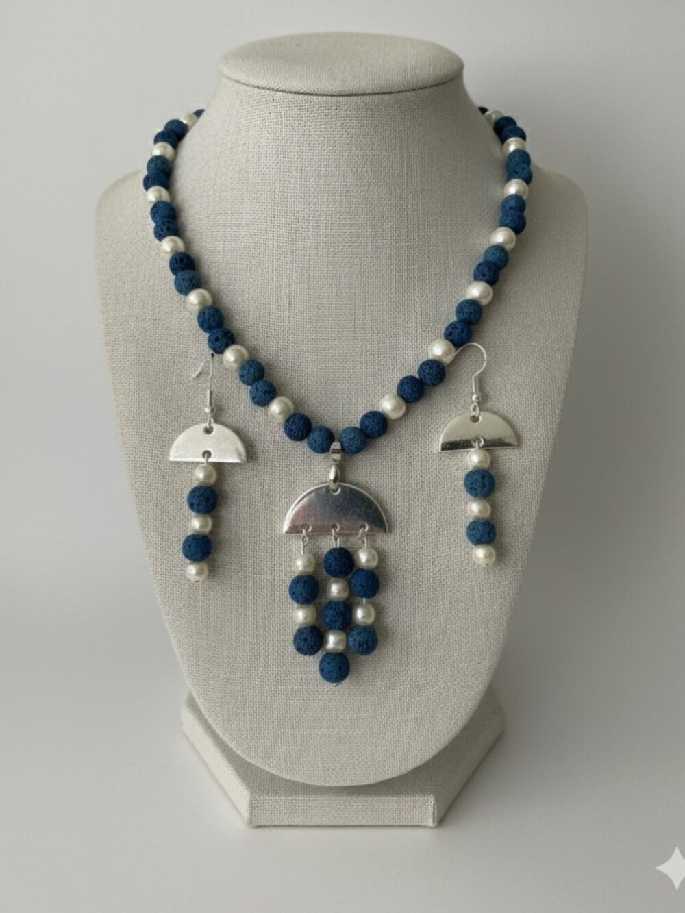 Blue Lava Stone and Glass Pearls Necklace and Pierced Earrings Set - Picture 2 of 5